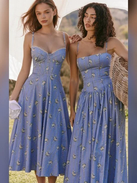 House of CB Ysabella Blue Daisy Print Stretch Cotton Midi Sundress (Regular A-C) - Picture 4 of 8